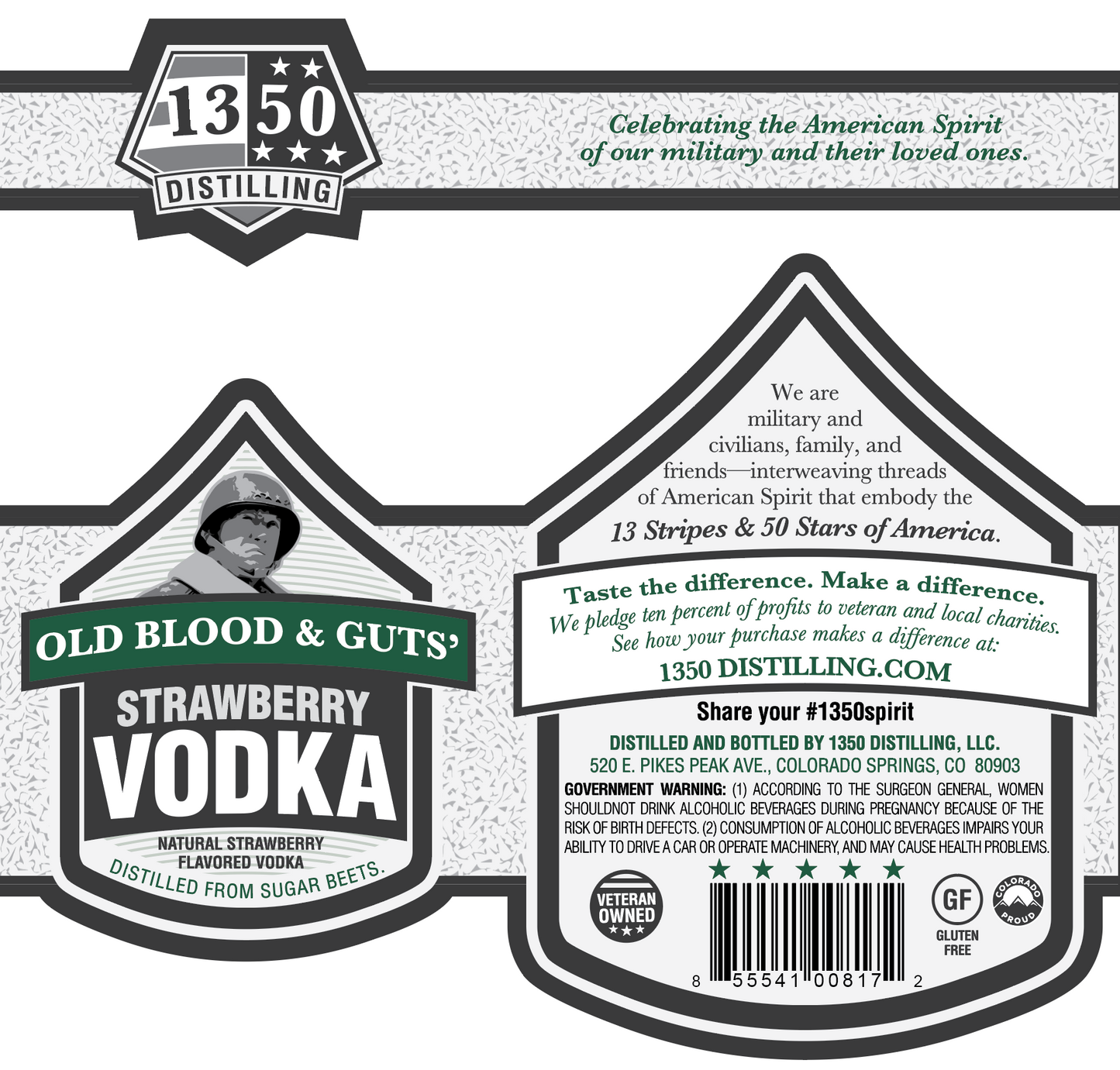 Side and back label for Old Blood & Guts' Strawberry Vodka