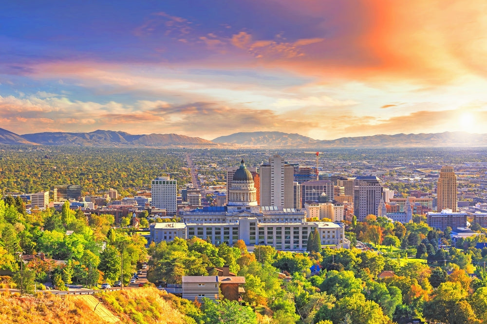 view of salt lake city skyline at sunset with mountains in the background