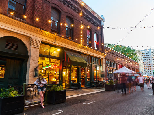 downtown boston speakeasy outdoor view with people in the street