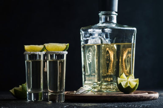 tequila in shot glasses with lime slices and a bottle