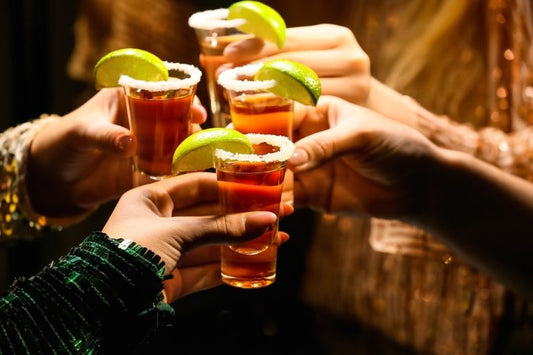 four people toasting with pantalones tequila shots
