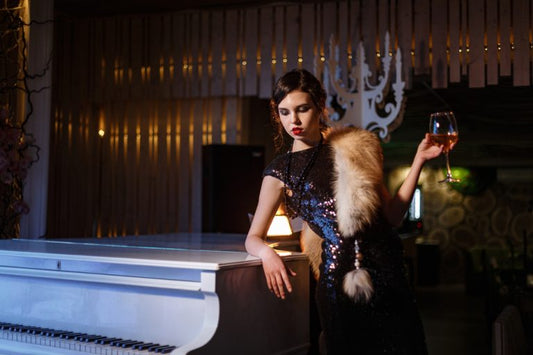 1920s woman leaning on piano with wine in speakeasy bar