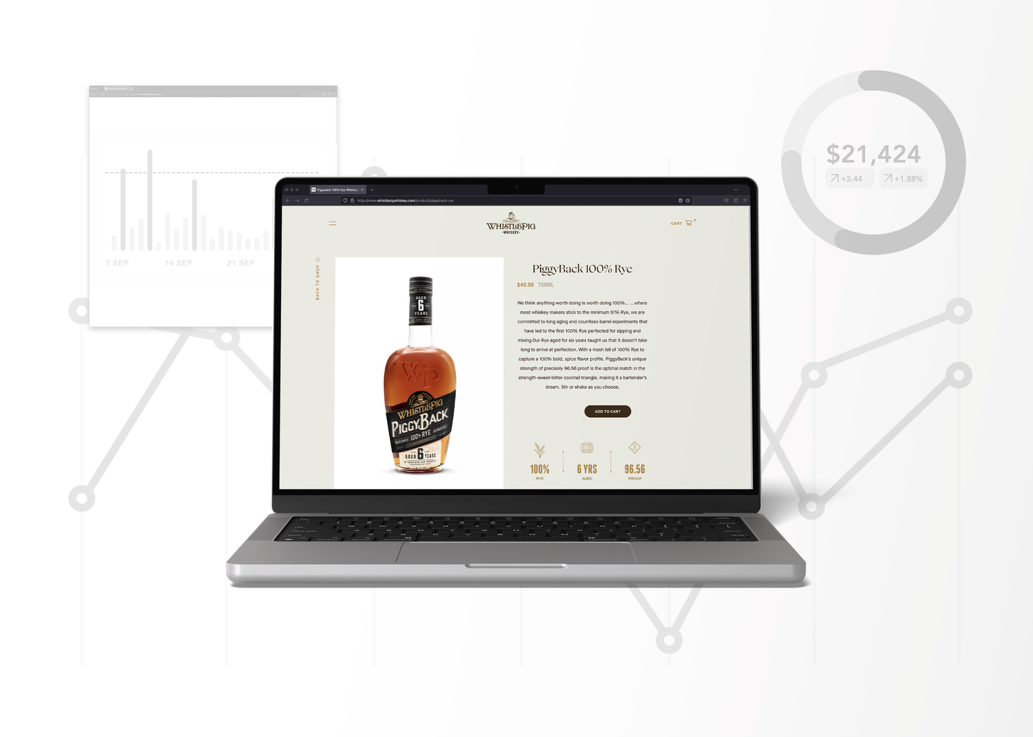 Laptop with WhistlePig Whiskey product detail page displayed in a web browser.