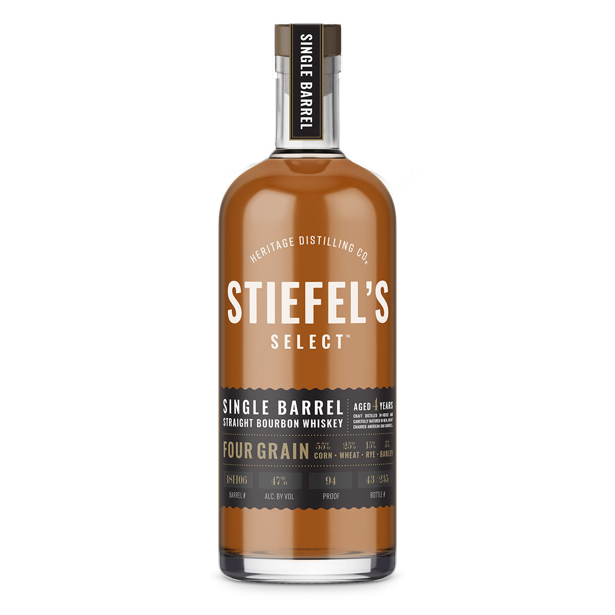 A 2D rendering of a filled whiskey bottle "Stiefel's Select Single Barrel Four Grain Bourbon" against white