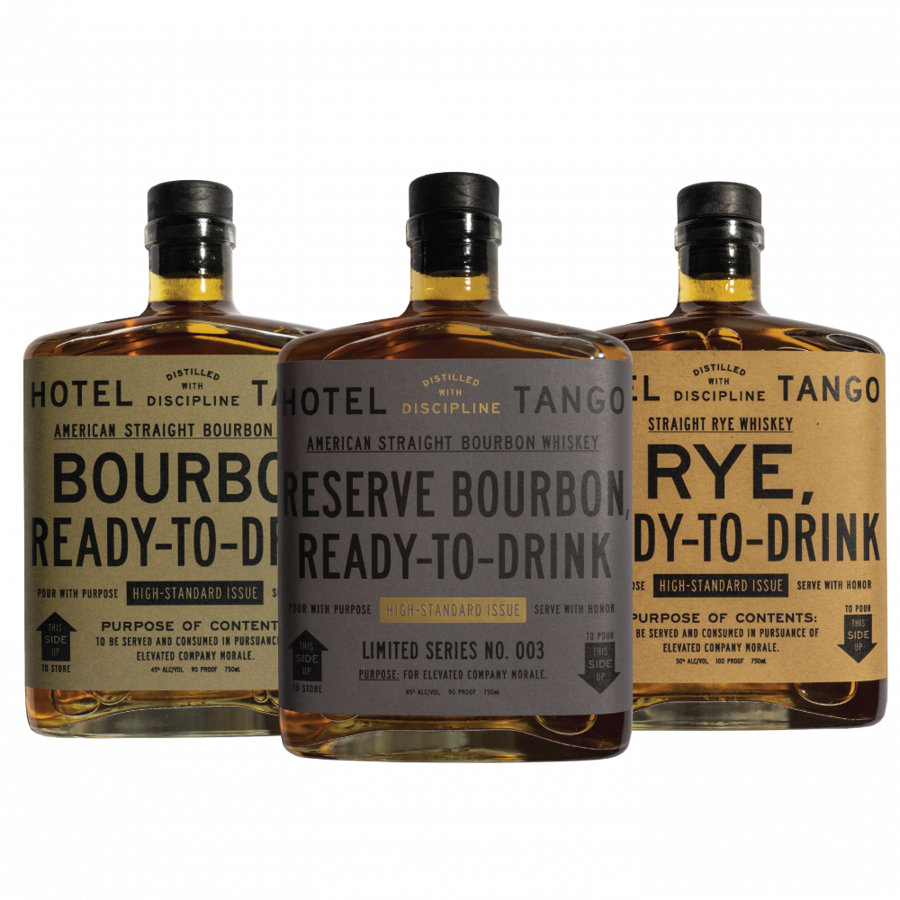From left to right: Bourbon bottle, Reserve Bourbon bottle, and Rye Whiskey bottle